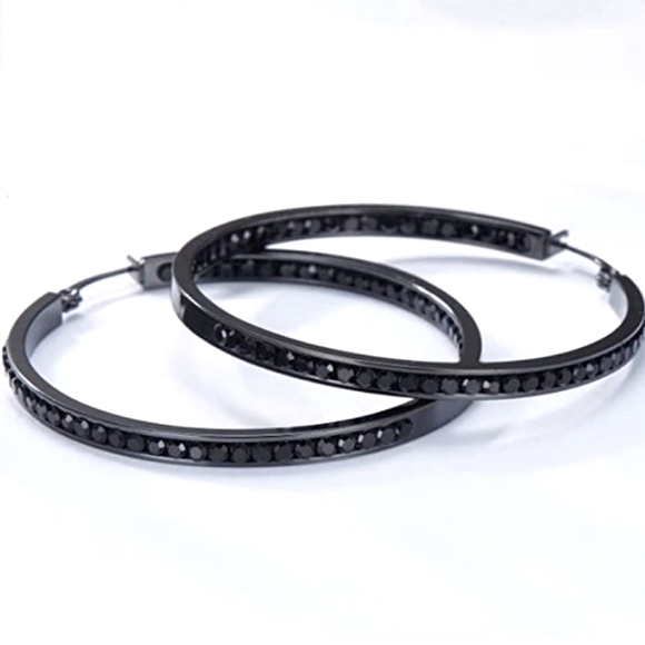 Black Metal Rhinestone Hoop Earrings Sparkle Crystal Big Channel Hoops Dark Glam - Picture 4 of 12